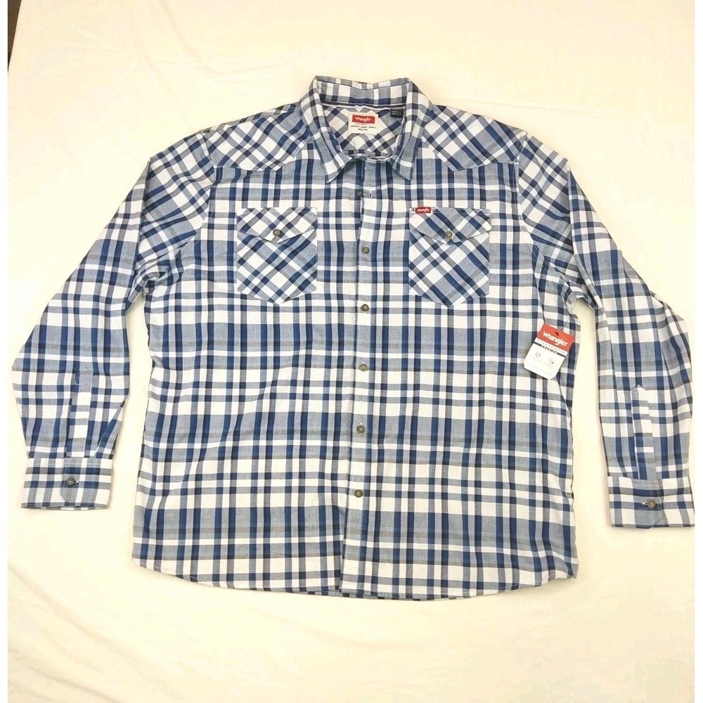 Wrangler Button Shirt Mens 2XL Blue Plaid Long Sleeve Pockets Sunglass Cleaner